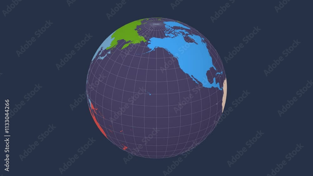Poster spinning earth. slanted sphere view. slow speed earth rotation. colored continents style. world map 