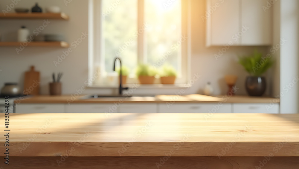 Poster a wood table top is blurred in a morning kitchen scene used for product display and design visual la