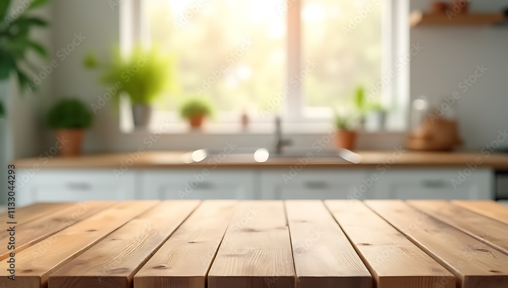 Poster a wood table top is blurred in a morning kitchen scene used for product display and design visual la