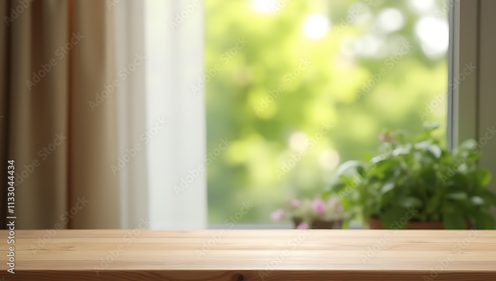 Poster a wood table top and chopping board are blurred behind a curtain with a fresh garden scene in the ba
