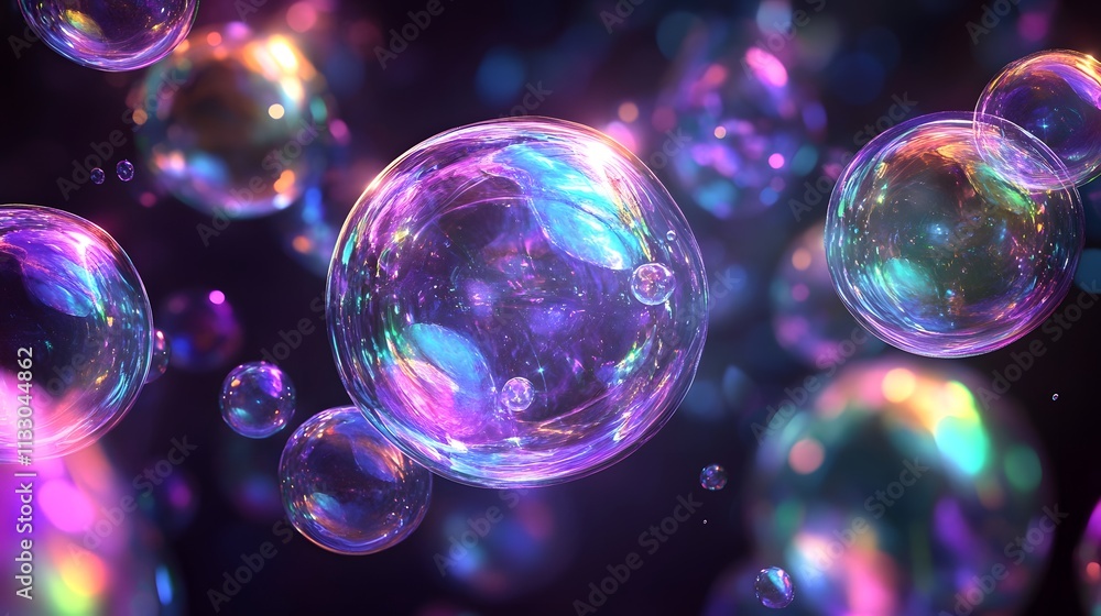 Poster Colorful Soap Bubbles Floating in a Dark Space with Iridescent Patterns and Soft Light Reflections Creating a Dreamlike and Magical Atmosphere