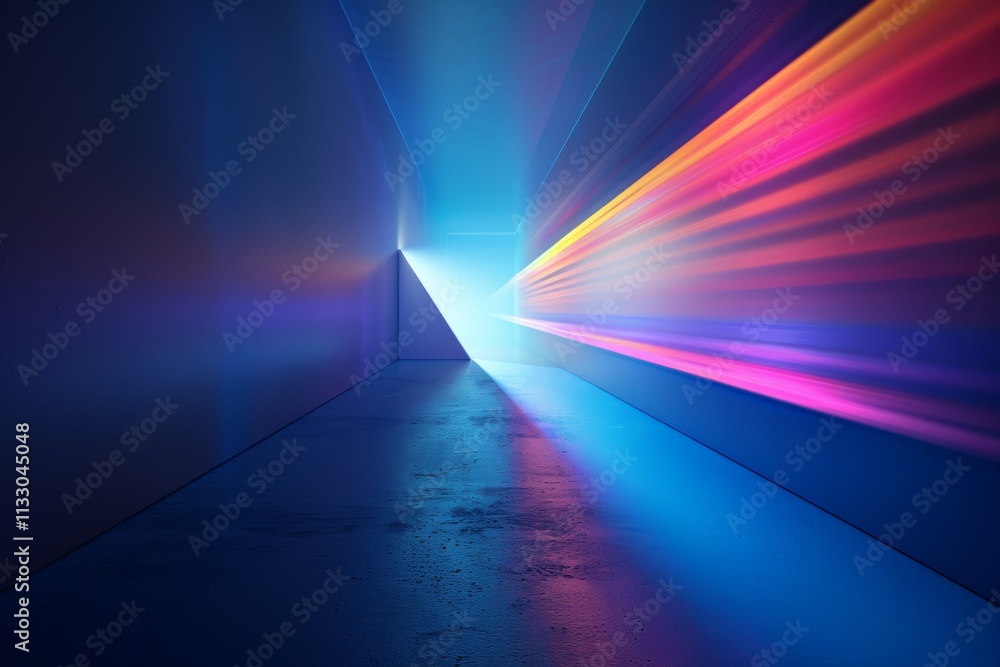 Poster an artistic and abstract representation of light rays in a bright and colorful corridor filled with 
