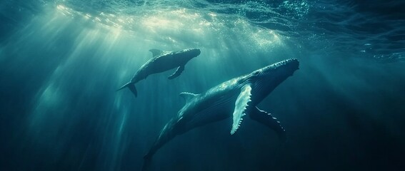Fototapeta premium Blue ocean, humpback whale and calf swimming beneath the surface. AI generated illustration
