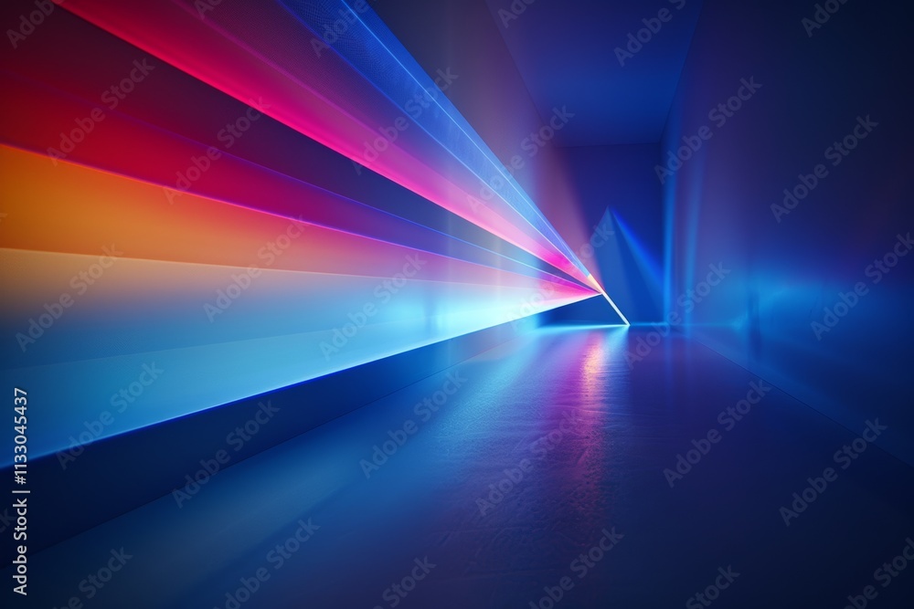 Poster an artistic and abstract representation of light rays in a bright and colorful corridor filled with 