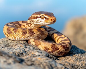 Fototapeta premium Stunning orange and white snake coiled on rock