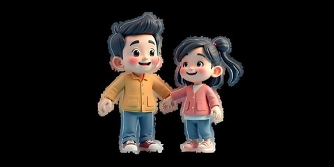 Two father and mother holding hands together, transparent begron, 3d cartoon