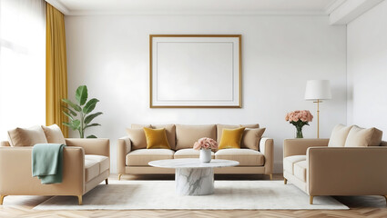 Fototapeta premium Frame mockup in farmhouse living room design. Modern loft in white interior space. Bright living room design, poster mockup in Scandinavian room interior. paintings and plants