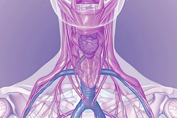 An illustration of the human thyroid gland, showing its location and connection to the trachea