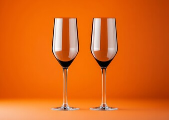 Two wine glasses are sitting on an orange background. The glasses are clear and empty. The orange background gives the image a warm and inviting atmosphere