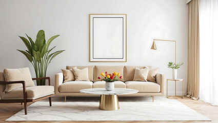 Naklejka premium Frame mockup in farmhouse living room design. Modern loft in white interior space. Bright living room design, poster mockup in Scandinavian room interior.