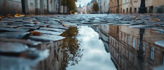 A puddle reflects the sky and buildings on a cobblestone street, capturing the serene ambiance of an early morning urban landscape.