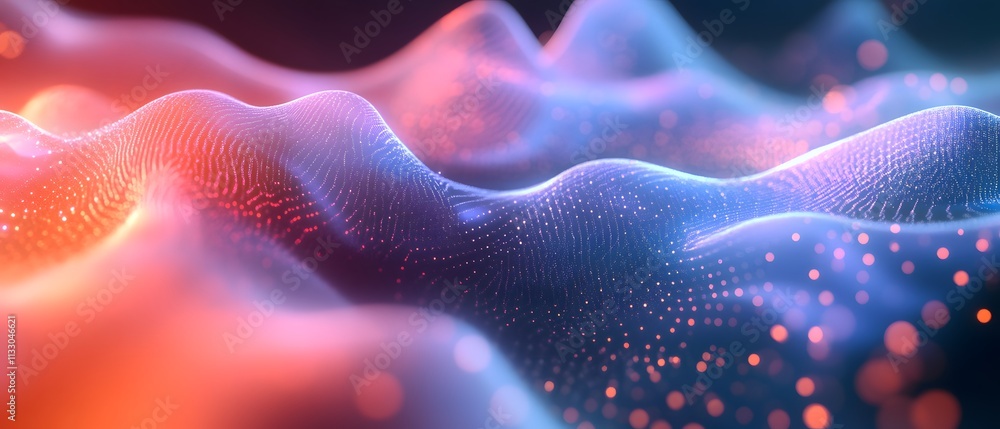 Aufkleber Abstract representation of flowing waves with colorful lights, showcasing a dynamic interplay of organic shapes and glowing particles in a surreal, digital landscape.