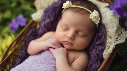 Baby is sleeping in a basket
