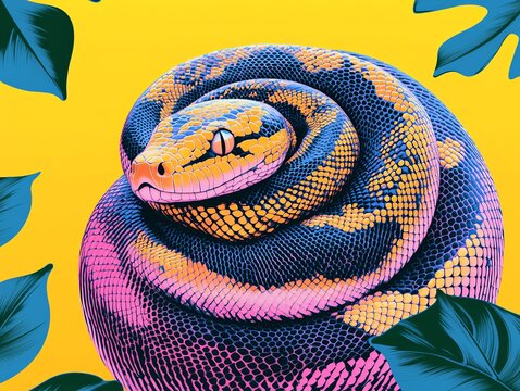 Vibrant coiled snake on yellow background