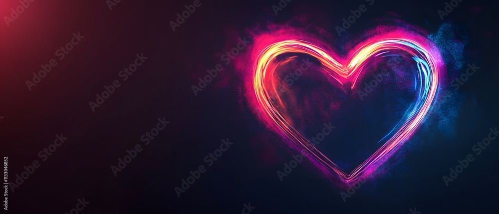 Poster colorful neon heart shape with bright glow on dark background for artistic and romantic themes in di
