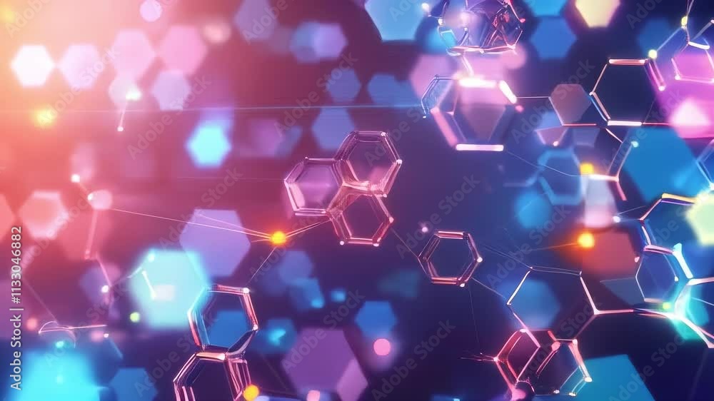 Poster colorful hexagons connect and glow against a vibrant backdrop. ideal for technology, science, or abs
