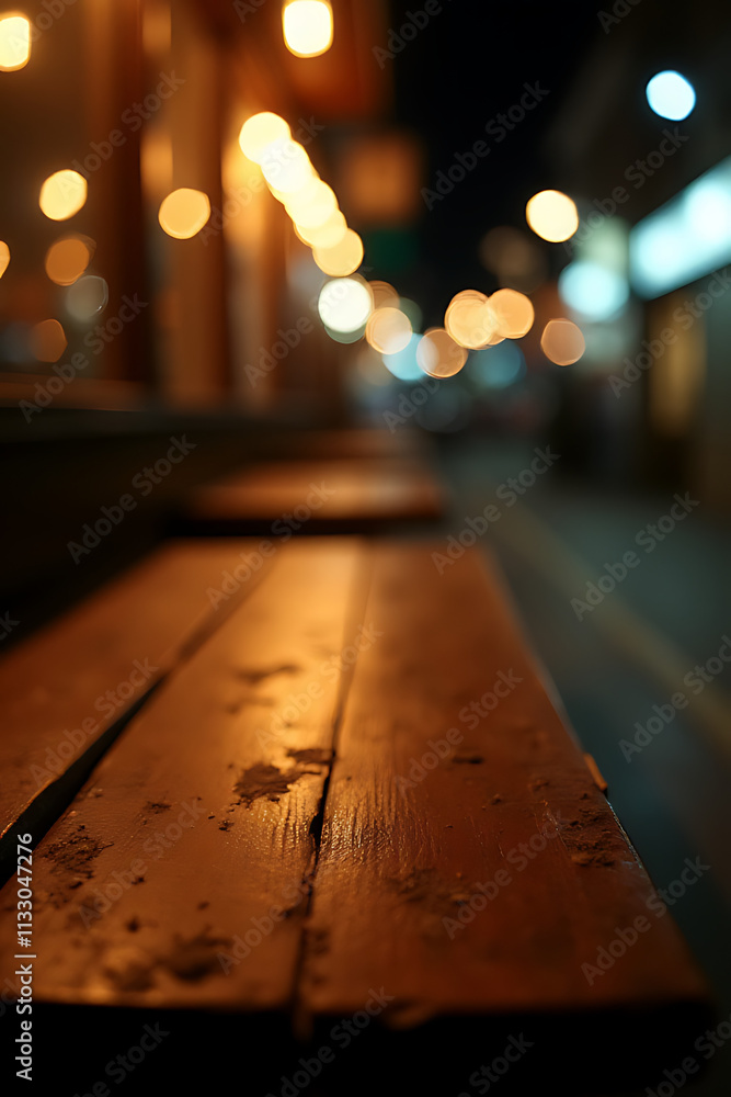 Aufkleber A weathered wooden table in a dimly lit cafe at night features a blurred and abstract bokeh effect on its surface._00002_
