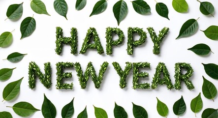 happy new year lettering made of green leaves nature concept on plain white background