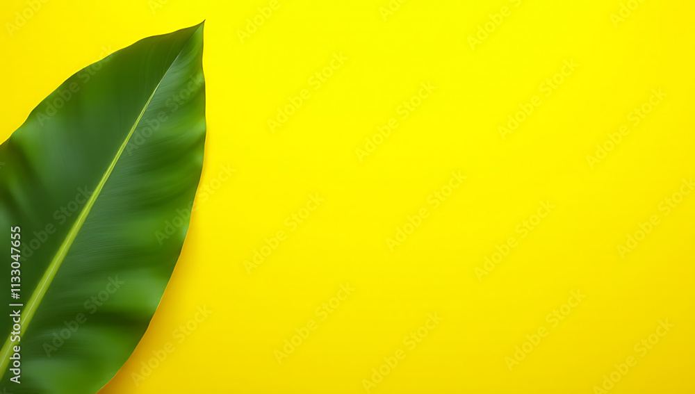 Poster a vibrant tropical leaf is placed against a bright yellow copy space background to create a visually