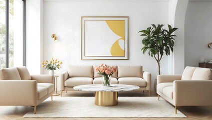 Fototapeta premium Mockup frame on white wall and green plants beautiful interior design. Frame mockup in farmhouse living room design. 3d illustration