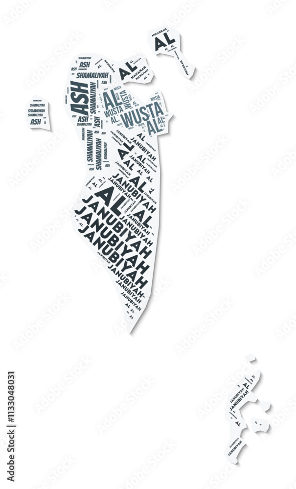 Poster bahrain shape text cloud. country border with shadow on white background. bahrain with regions divis