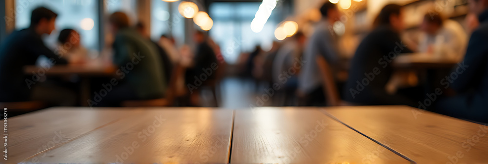 Poster a table in a crowded coffee shop has an empty wooden surface amidst a blurred crowd of people sittin