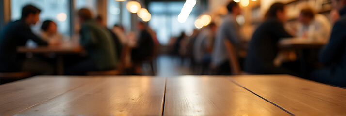 Naklejka premium A table in a crowded coffee shop has an empty wooden surface amidst a blurred crowd of people sitting around it._00002_