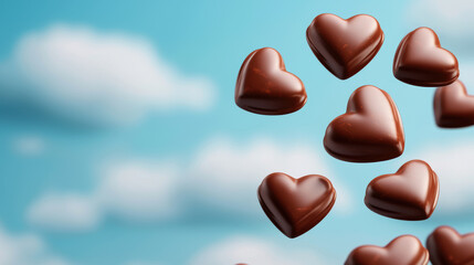 Obraz premium Delightful chocolate hearts floating in blue sky with clouds