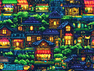 Fototapeta premium Seamless pattern of Pixelated cityscape with colorful medieval houses and vibrant lights
