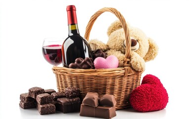 Naklejka premium A romantic gift basket filled with wine, chocolates, and a plush toy placed on a bright white background