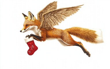 Obraz premium A soaring fox with angel wings, carrying a tiny Christmas stocking in its mouth, set against a pure white background