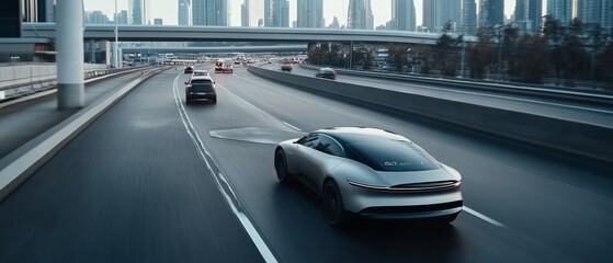 Obraz premium A sleek, futuristic car glides down a highway at dusk, framed by a city skyline under a cloudy sky.