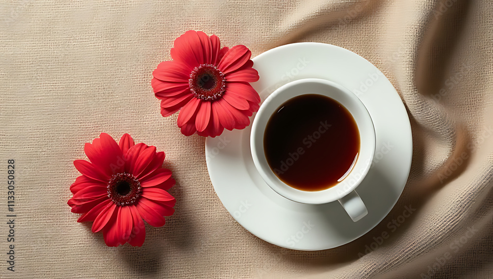 Poster A simple yet elegant flat lay design features a coffee cup with a red flower on a rustic sackcloth background, evoking feminine concepts._00001_