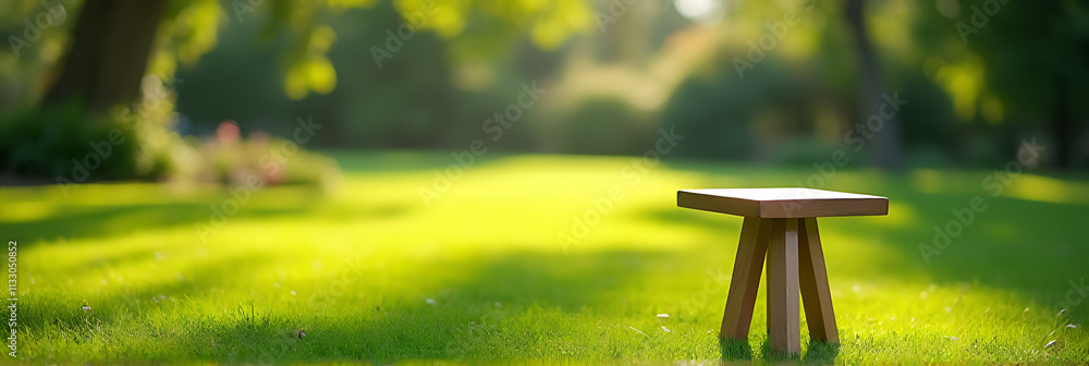 Poster a simple wooden table sits empty on a lush green lawn amidst a serene morning setting in a beautiful