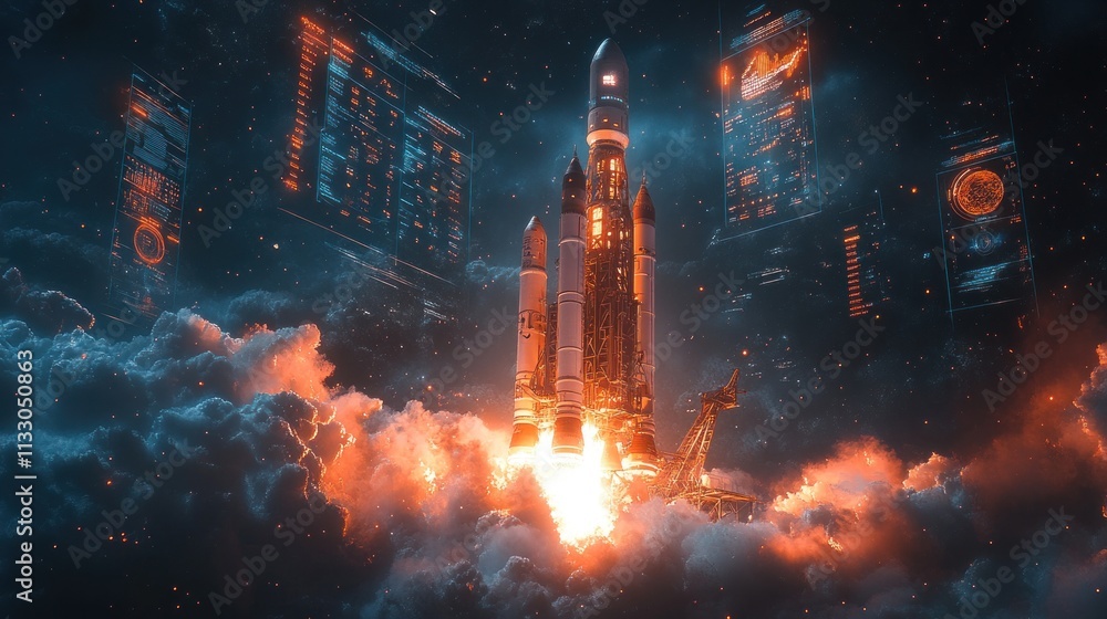 Poster rocket launch through clouds with digital displays.