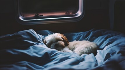 Small dog is sleeping on a bed