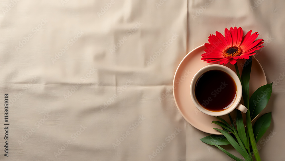 Aufkleber a simple yet elegant flat lay design features a coffee cup with a red flower on a rustic sackcloth b