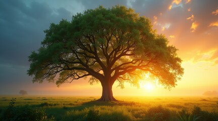 Fototapeta premium Solitary Tree at Sunset with Majestic Golden Light and Vibrant Sky for Peaceful Landscape Photography