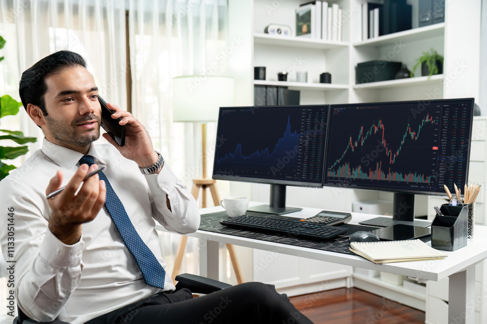 Poster trader businessman calling to consultant or partner with two stock exchange investment, compare data
