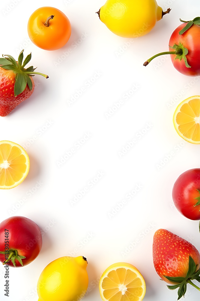 Poster a set of fresh fruits is placed on a white background in top view to create a summer food concept id