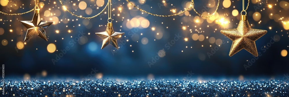 Poster elegant dark blue banner with glowing bokeh lights and open space for custom text