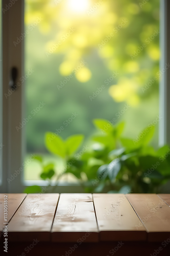 Poster a serene morning scene unfolds with an empty wooden table amidst a blurred abstract green garden vie