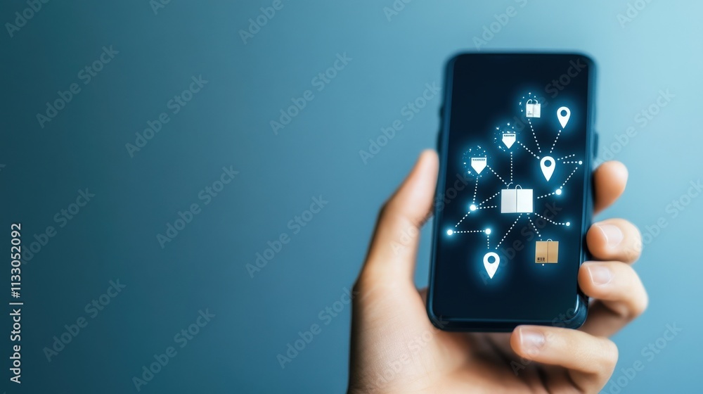 Poster innovative smartphone displaying digital connectivity with various icons representing technology, da