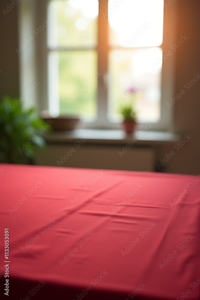 Poster A red tablecloth lies on a wooden surface in front of a blurred home window background view._00001_