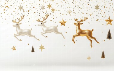 Dynamic flying shapes of reindeer, stars, and Christmas trees in metallic tones on a bright white background
