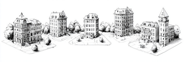 Fototapeta premium Meticulously detailed city plan showcasing five unique buildings with trees