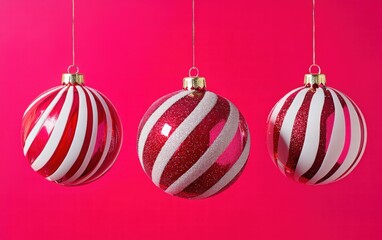 Festive red and white striped baubles with glittering accents hovering on a neon pink backdrop