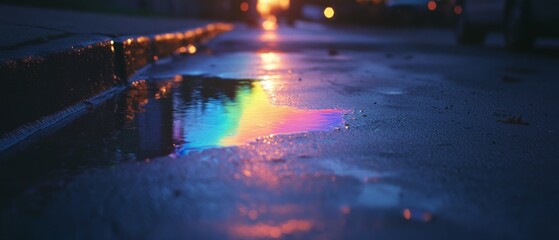 A rainbow reflection glows vividly in a puddle, highlighted by vibrant, atmospheric colors on a wet street.
