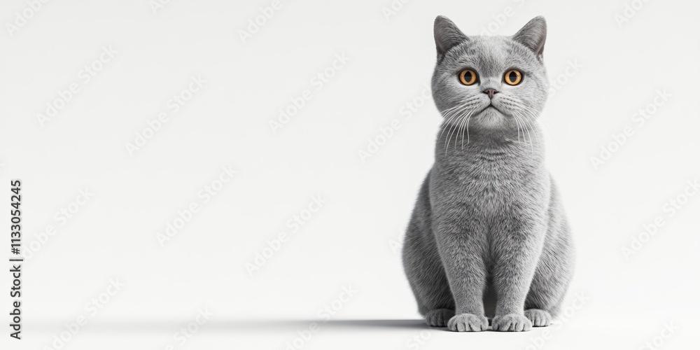 Poster a gray british shorthair cat sitting upright with a relaxed expression, clean 3d rendering with mini