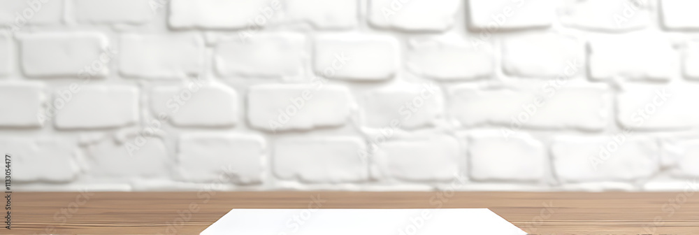 Aufkleber A plain wooden table stands out against a stark white brick wall, accompanied by a simple sheet of paper on its surface._00002_